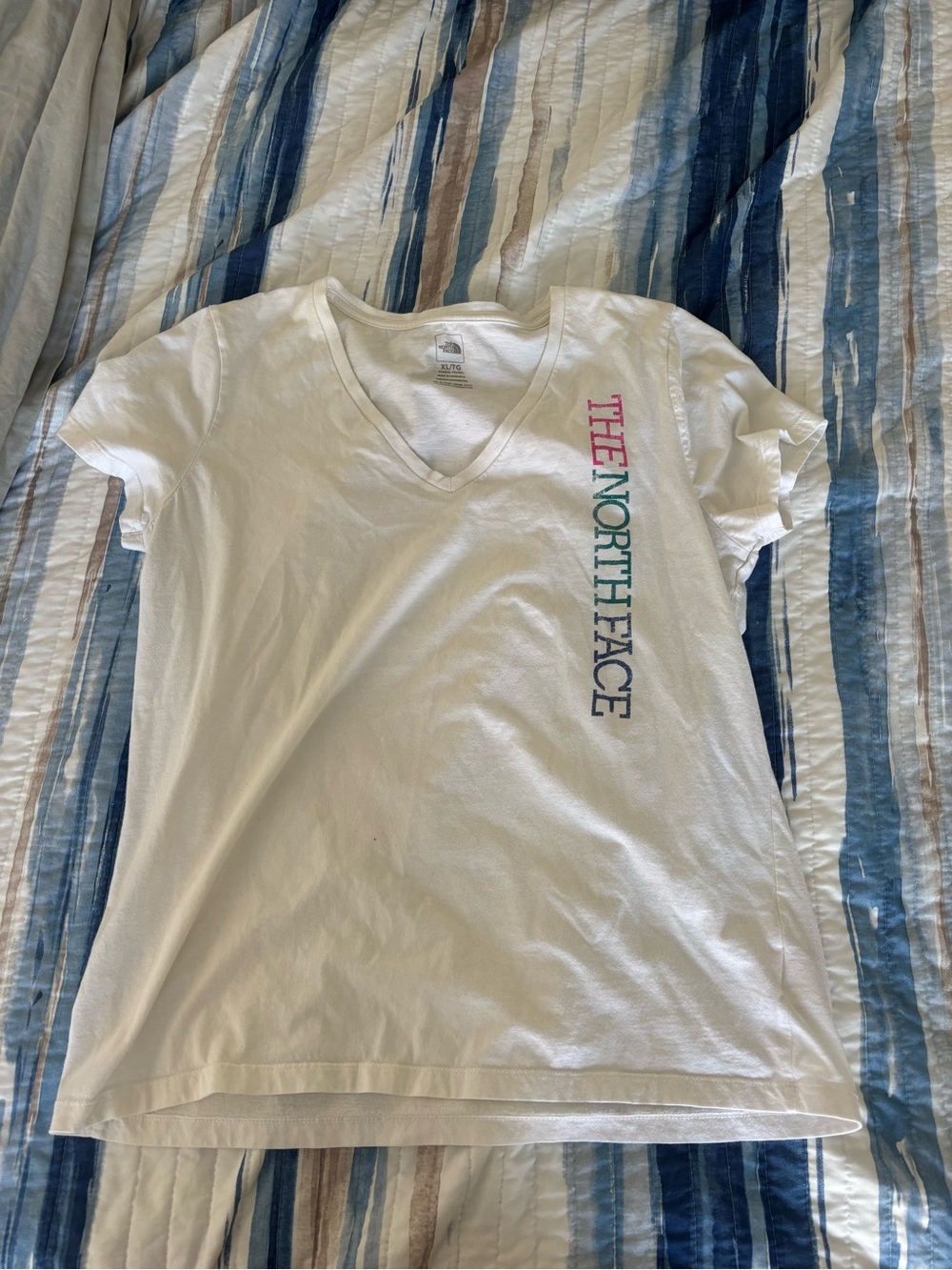 The North Face White V-Neck Tee with Pink, Teal and Navy Logo